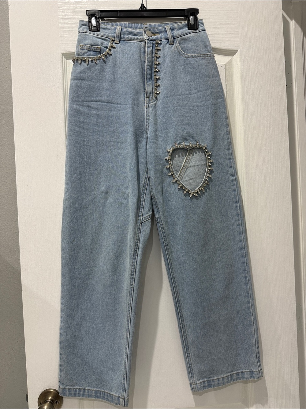 Light Blue Straight-Leg Jeans with Heart Patch and Stud Trim